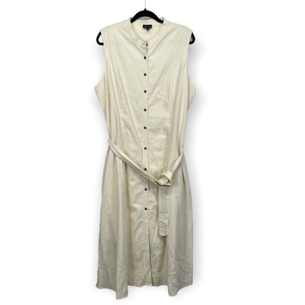 Who What Wear Sz M Linen Belted Button Front Dress Sleeveless Natural